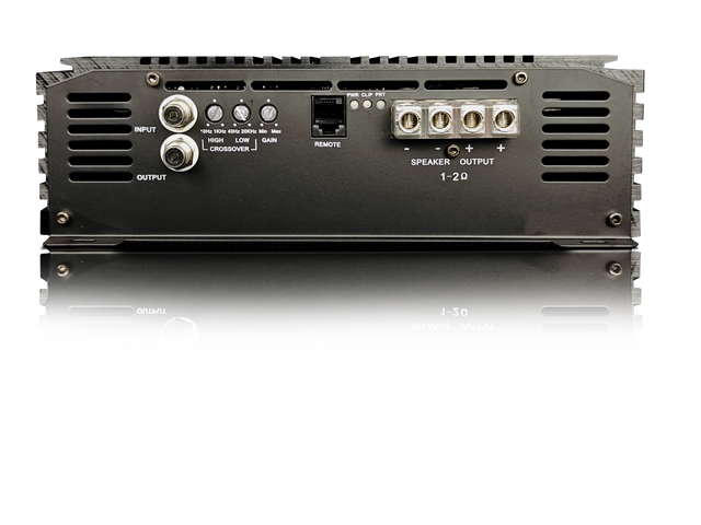 Mono amplifier rear panel with cooling vents, input/output controls, and speaker terminals