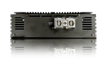 Mono amplifier underside view with terminal blocks on black chassis and heatsink fins