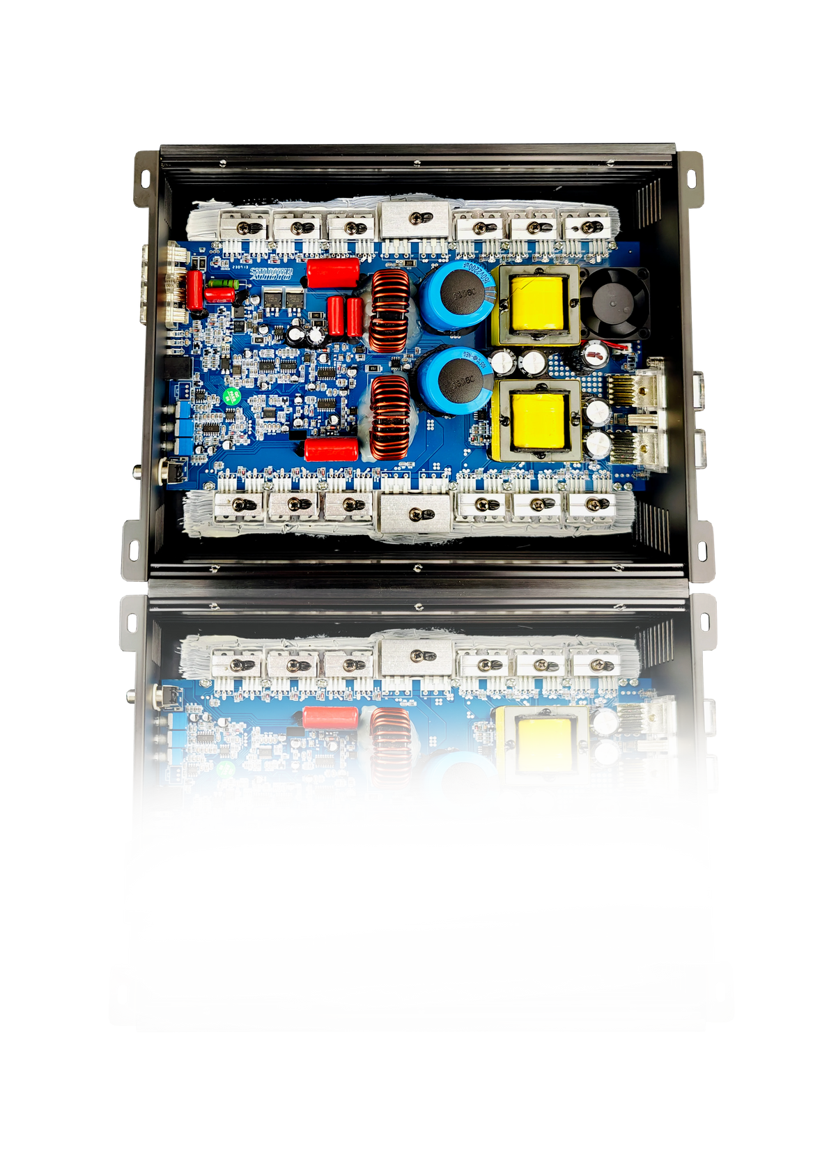 Mono amplifier with exposed blue circuit board and internal power components