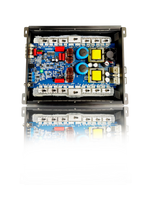 Mono amplifier with exposed blue circuit board and internal power components