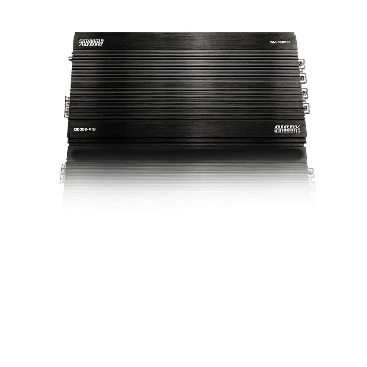 Sundown Audio mono amplifier with black finned heat sink and front logo