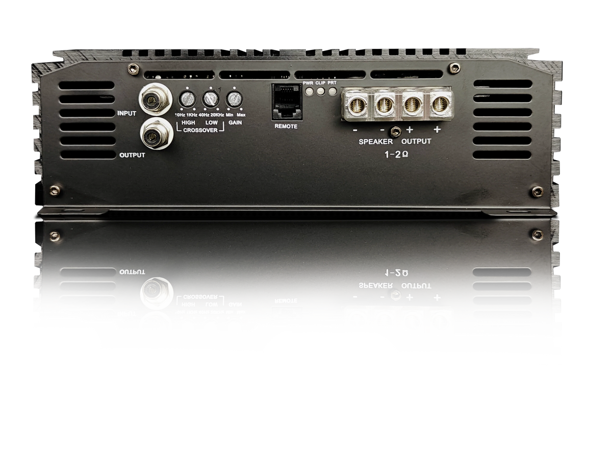 Sundown Audio mono amplifier rear panel with input controls and speaker output