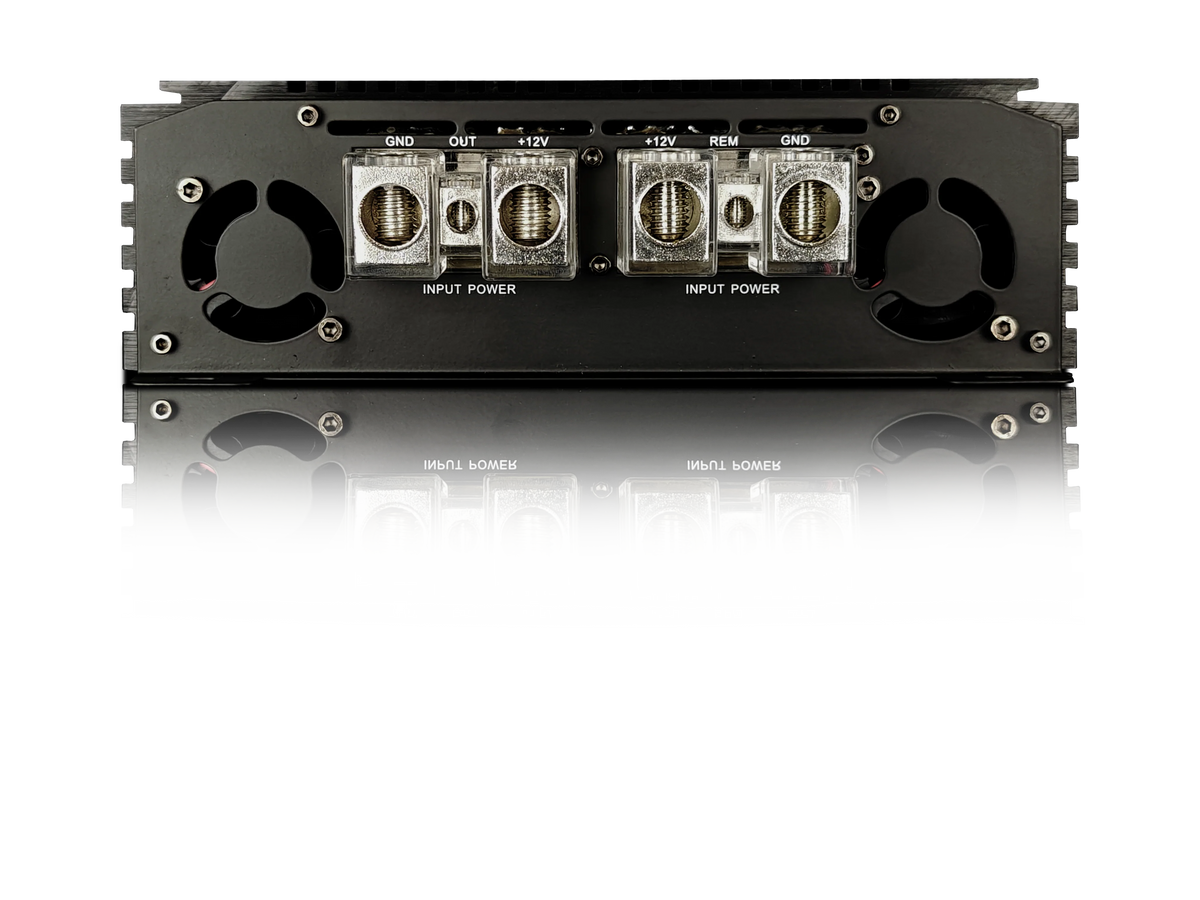 Sundown Audio mono amplifier top ports view with power and input connectors