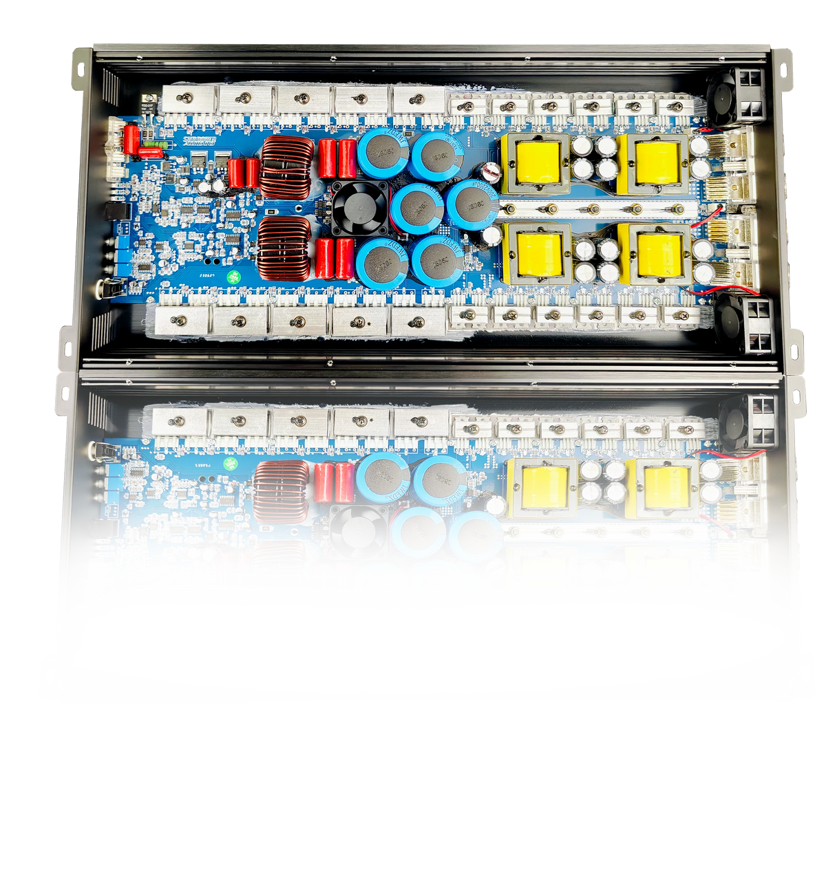 Sundown Audio mono amplifier with open chassis showing blue circuit board and coils