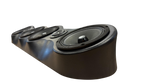 Black speaker bar side view with large center driver and smaller tweeter openings