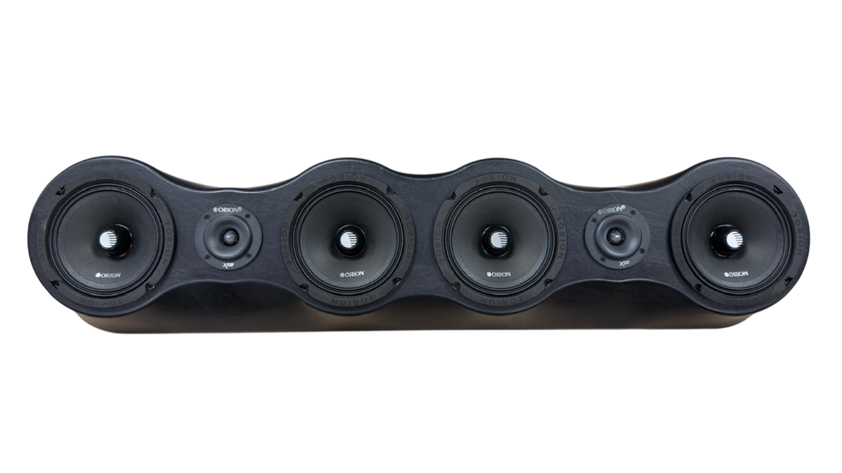 Black speaker bar with four drivers and two small tweeters on a single console