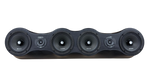 Black speaker bar with four drivers and two small tweeters on a single console