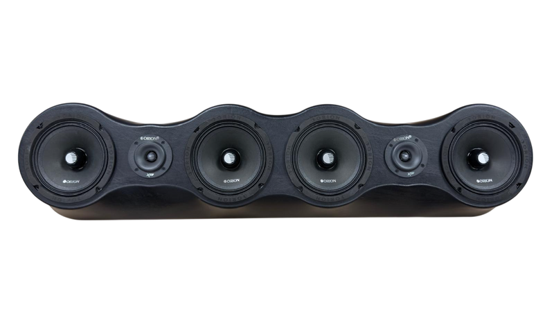 Black speaker bar with four drivers and two small tweeters on a single console