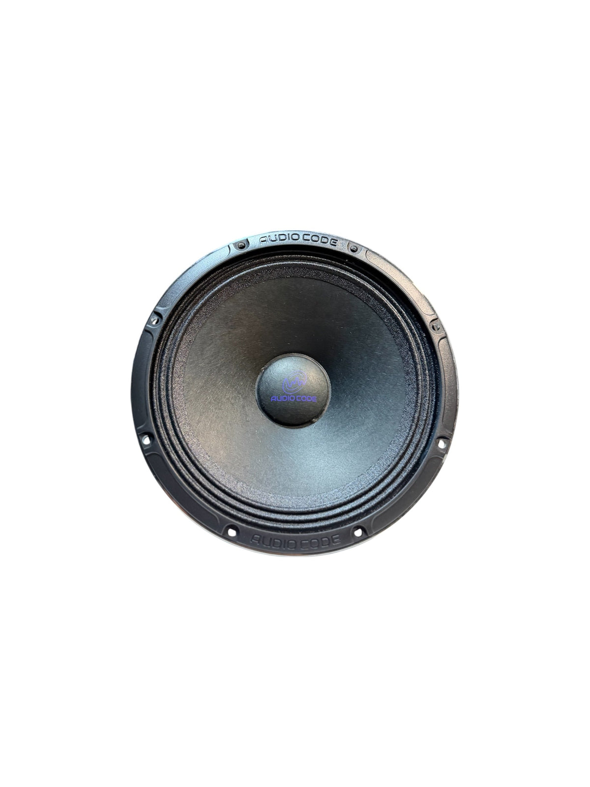 6.5-inch midrange speaker, black cone with gray dust cap and Audio Code logo