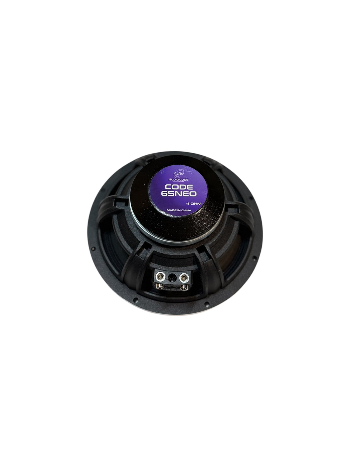 6.5-inch midrange speaker back, black frame with Code 65Neo label and terminals