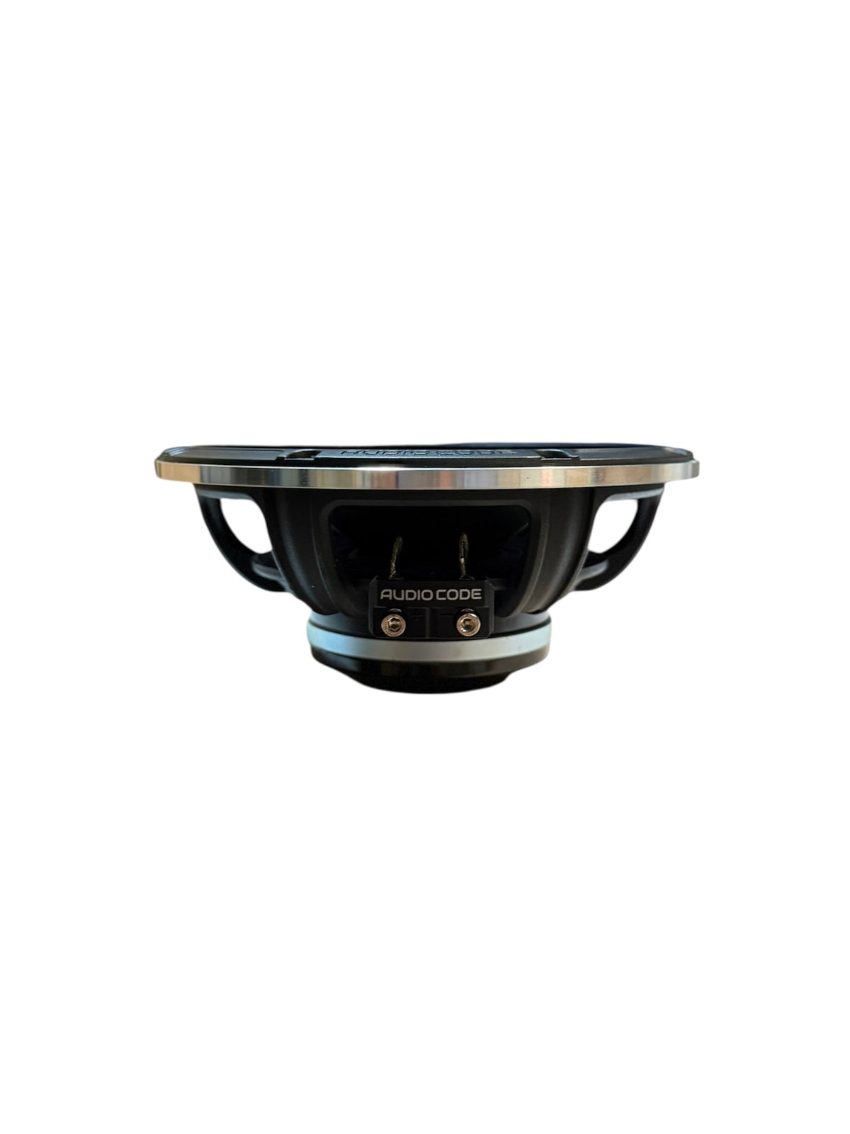 6.5-inch neodymium midrange speaker, black cone with silver trim, front view