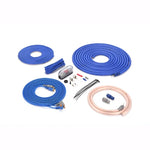 4 gauge amplifier wiring kit components: blue wire coils, fuses, rings, and hardware