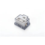 Transparent fuse holder with metal screw terminals and visible contact slot