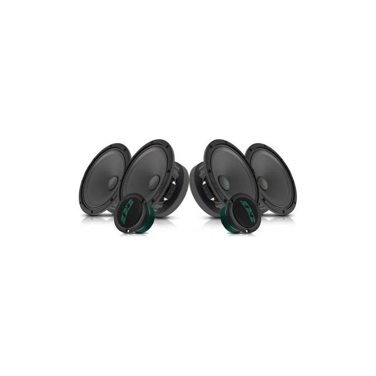 Deaf Bonce car speaker bundle with black woofers and green accents, front angle