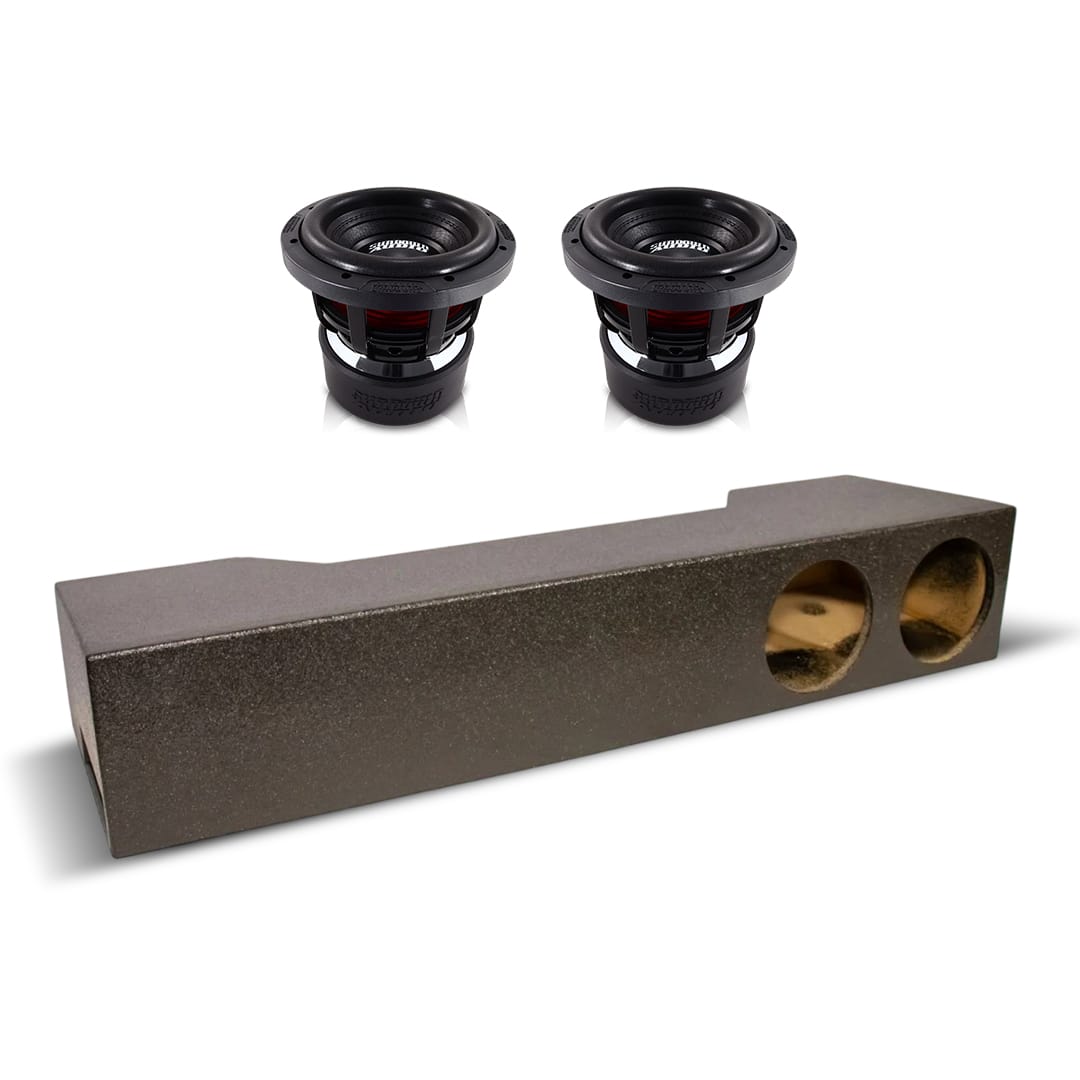 Dual subwoofer enclosure with two drivers and dual port openings, black textured box