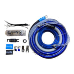 Blue car amp wiring kit with power fuse, connectors, and roll of cable
