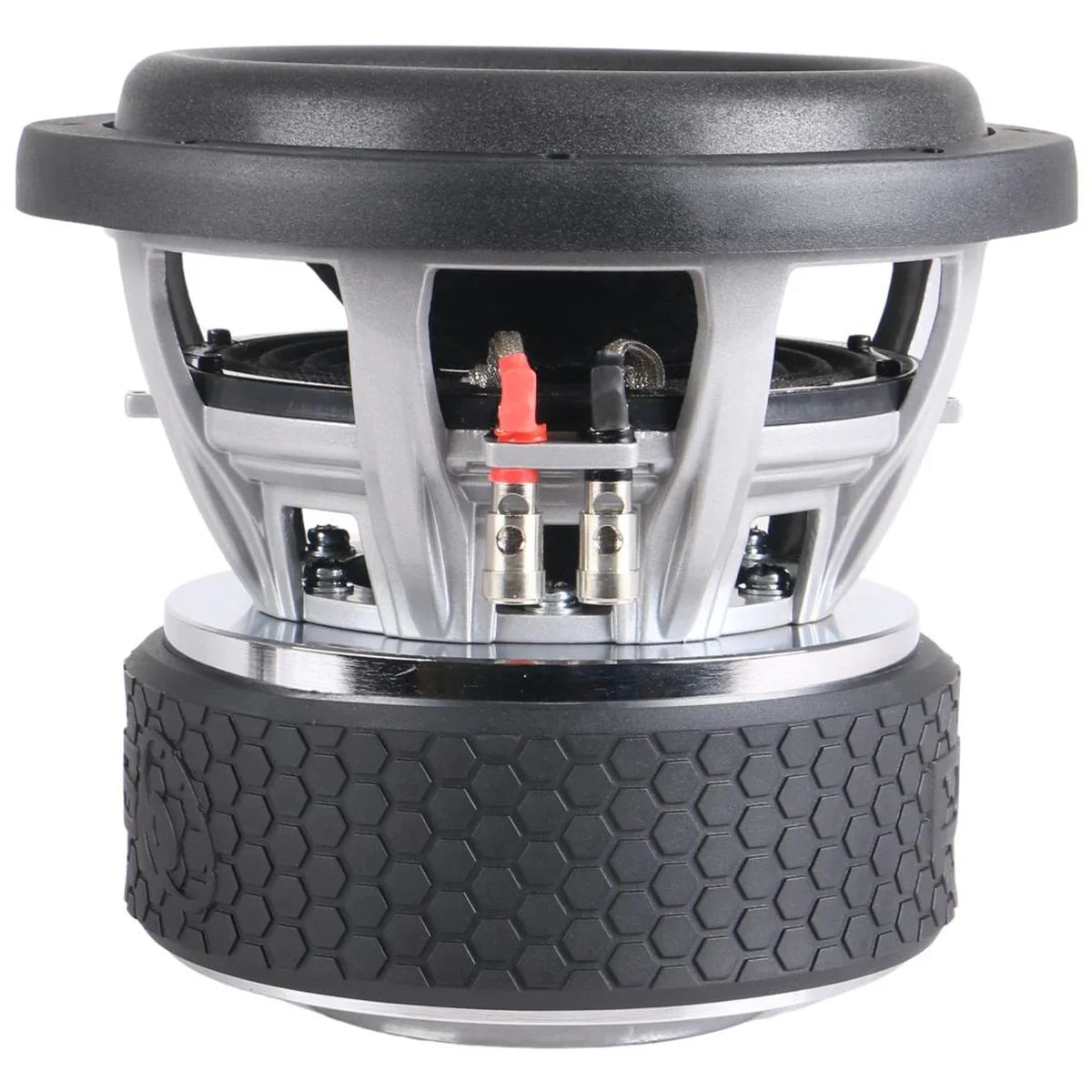Single black subwoofer driver with exposed terminals and hex mounting hardware