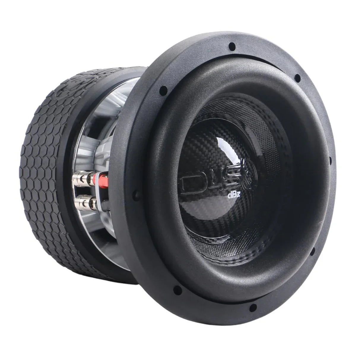 Dual 8-inch subwoofer driver with black textured surround and silver frame
