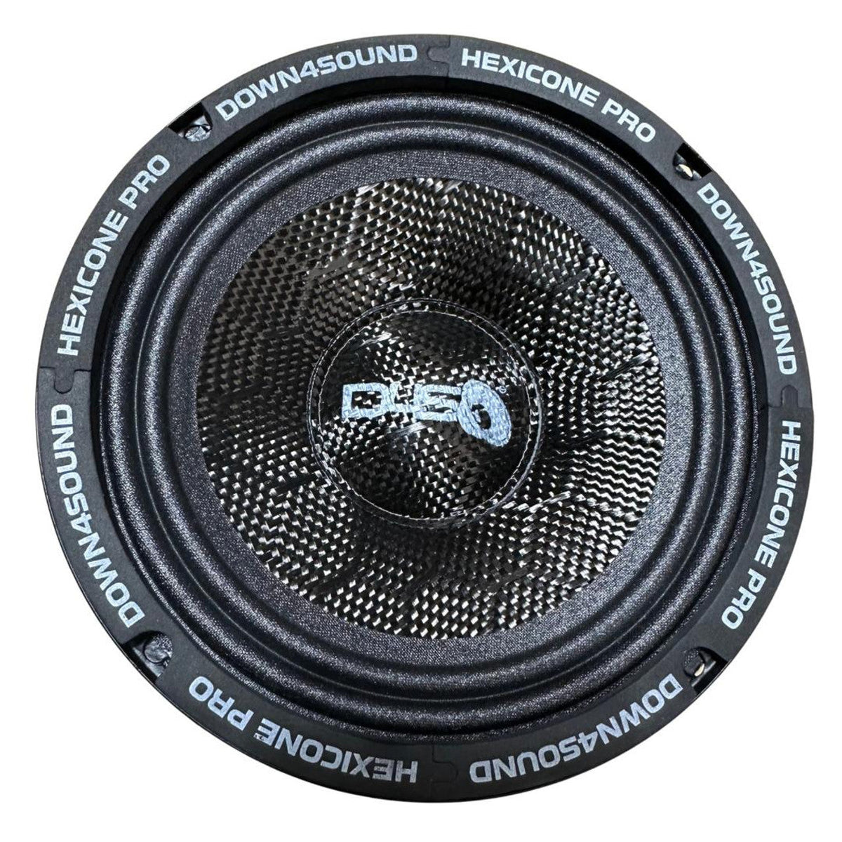 Black 6.5-inch speaker driver close-up with mesh grille and central logo