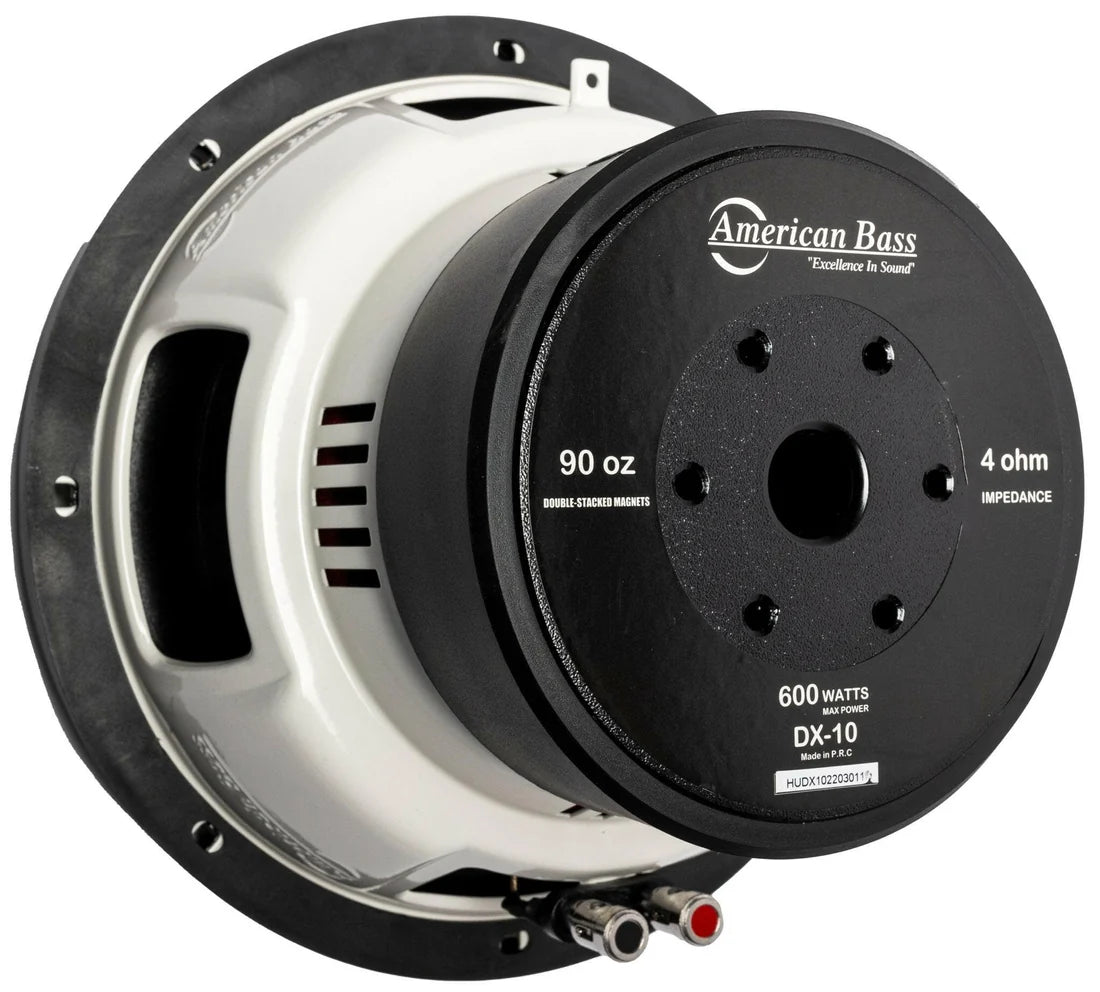 10-inch American Bass car subwoofer with black cone and rear mounting plate