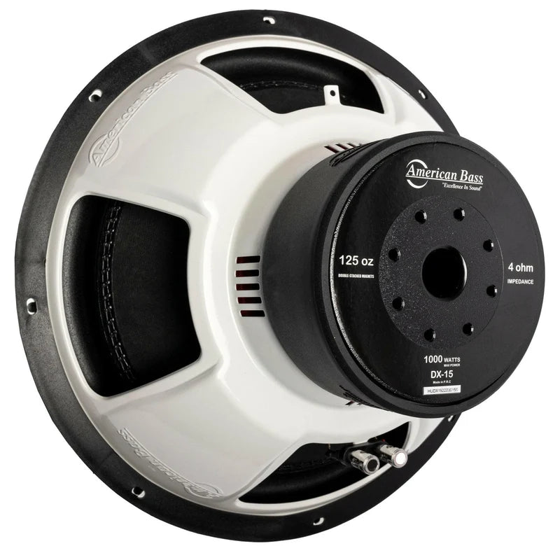 Car subwoofer with white and black frame, 4 ohm label and American Bass logo