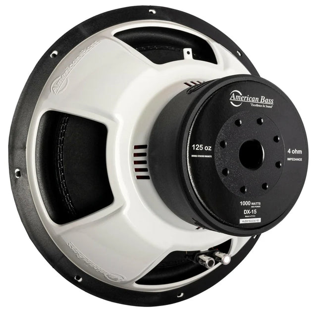 Car subwoofer with white and black frame, 4 ohm label and American Bass logo