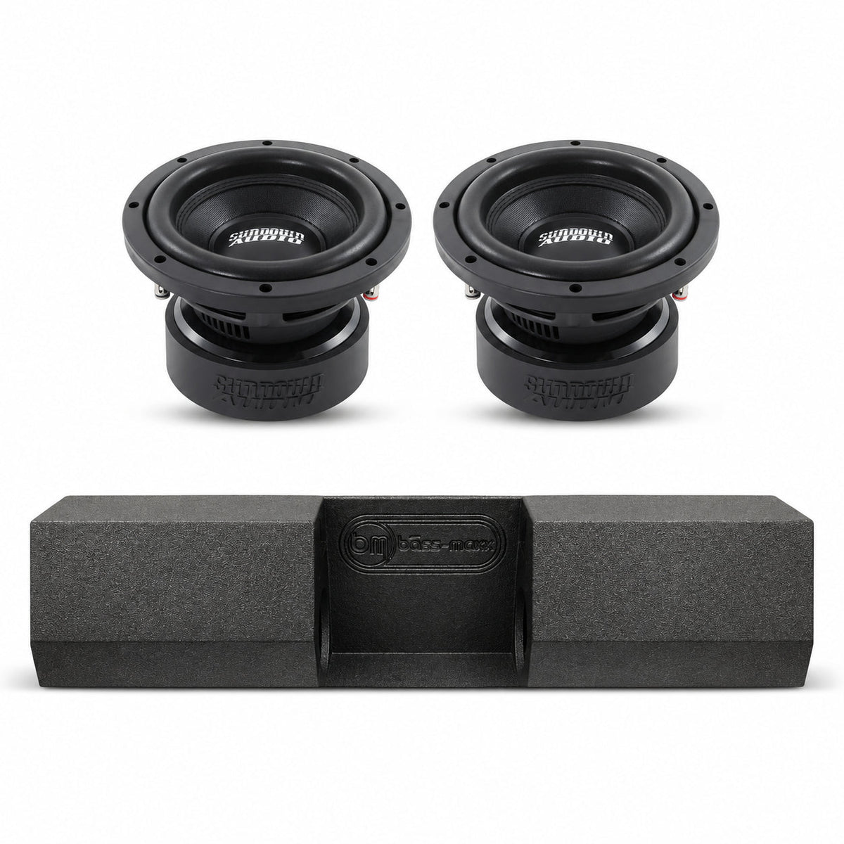 Dual 8-inch car subwoofers with single cab dual subwoofer box, black.
