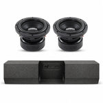 Dual 8-inch car subwoofers with single cab dual subwoofer box, black.