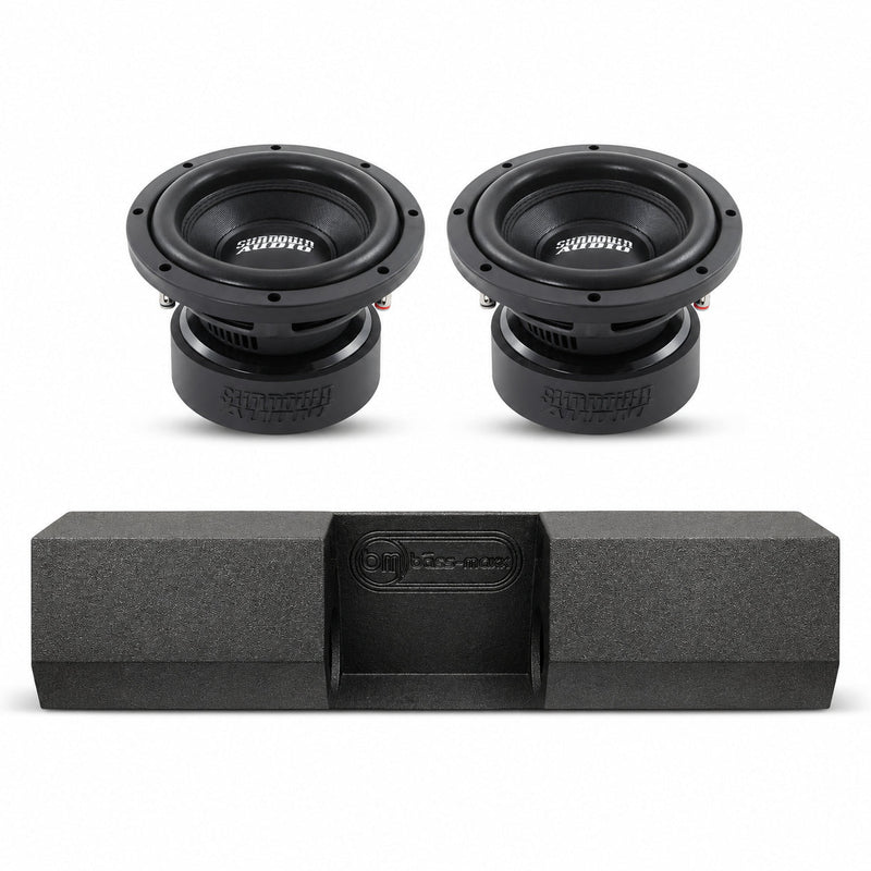 Dual 8-inch car subwoofers with single cab dual subwoofer box, black.