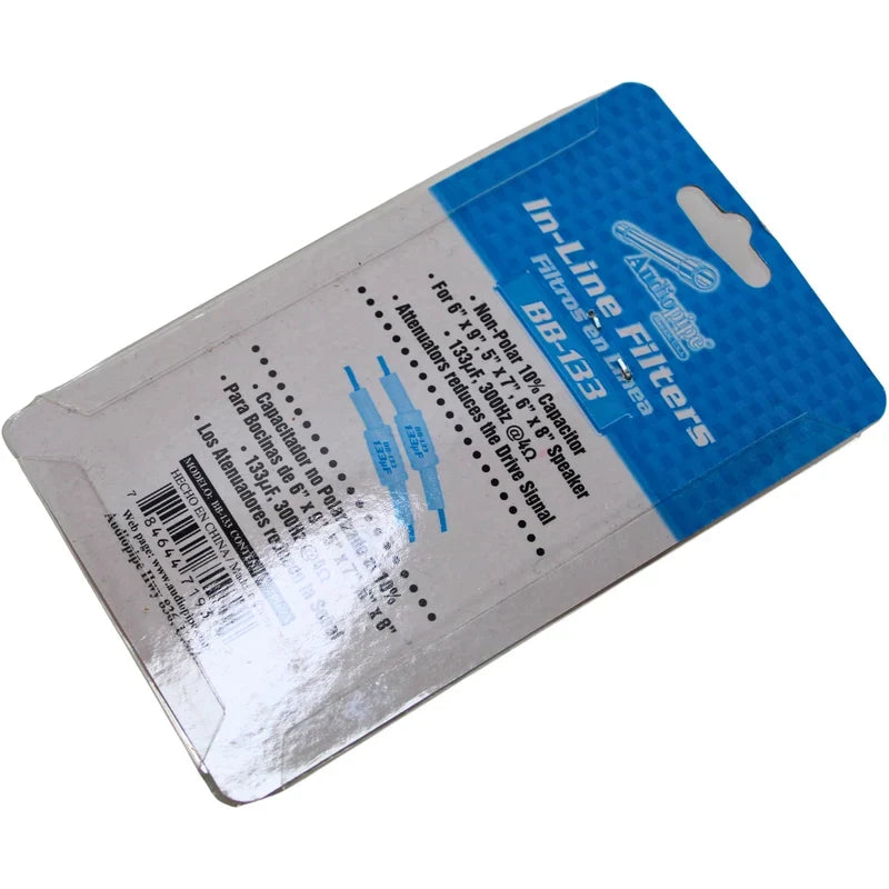 Audiopipe Line Filters packaging card with blue header and white specification text