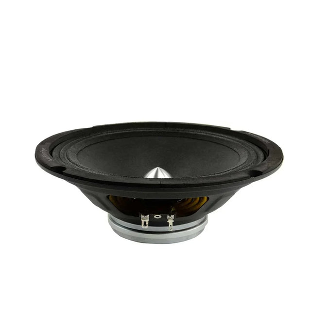 8-inch low-mid loudspeaker side view with black cone and rubber surround