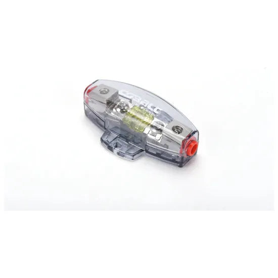 Inline automotive fuse holder with clear housing and red end caps