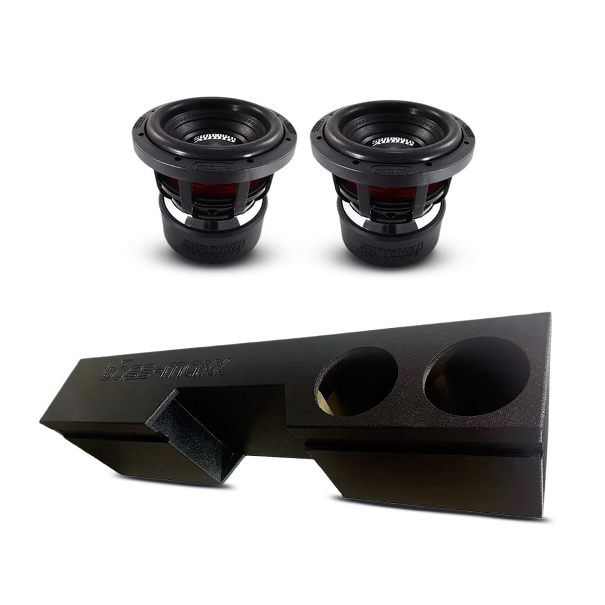 Dual 8-inch subwoofer box with two black drivers and round port cutouts
