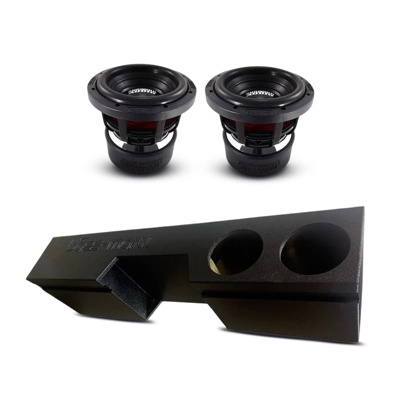 Dual 8-inch subwoofer box with two black drivers and round port cutouts