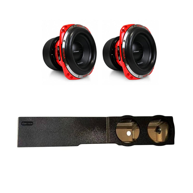 Dual 8-inch subwoofer drivers with red-and-black Orion HCCA cones on enclosure