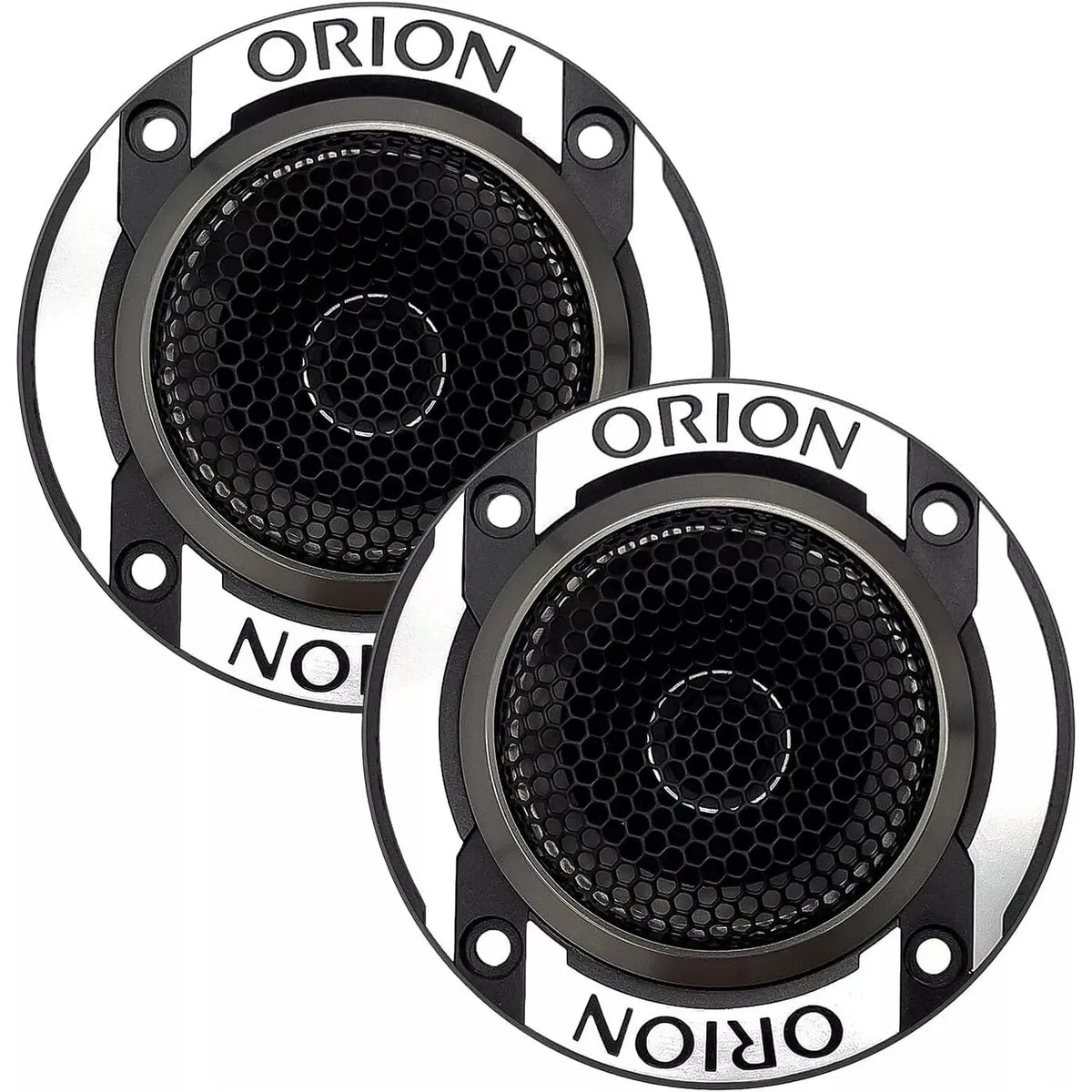 Pair of 3-inch bullet tweeters with black metal grille and Orion logo mounting rings