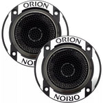 Pair of 3-inch bullet tweeters with black metal grille and Orion logo mounting rings