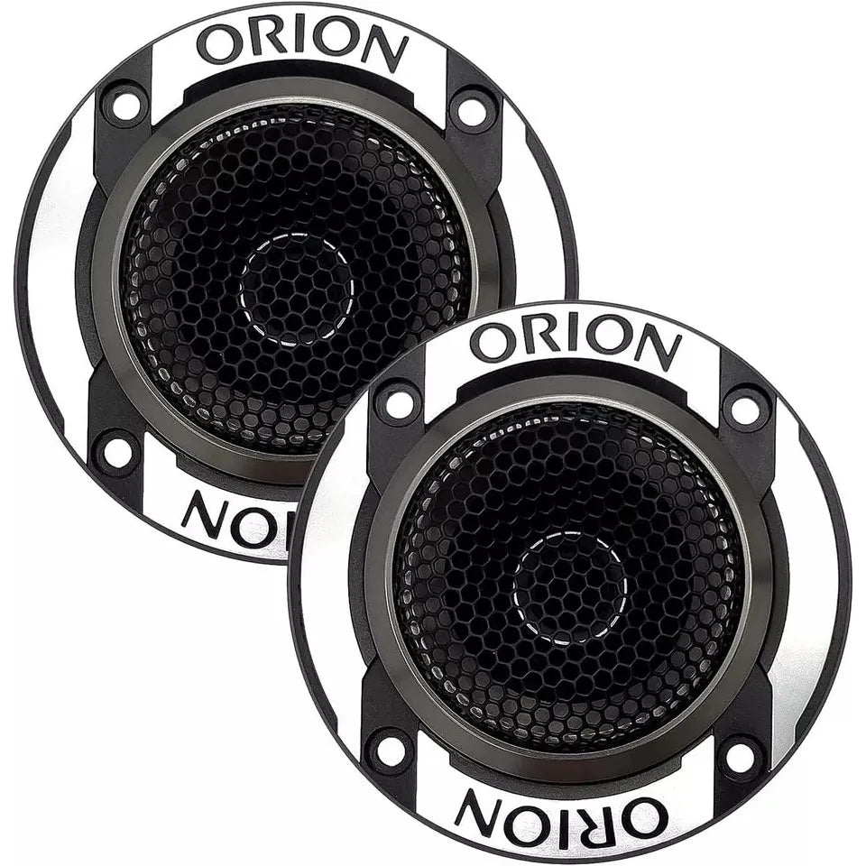 Pair of ORION bullet tweeters with black hex grille and silver-rim mounts, front view