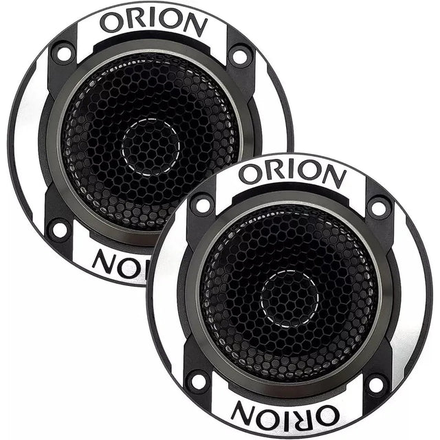 Pair of ORION bullet tweeters with black hex grille and silver-rim mounts, front view