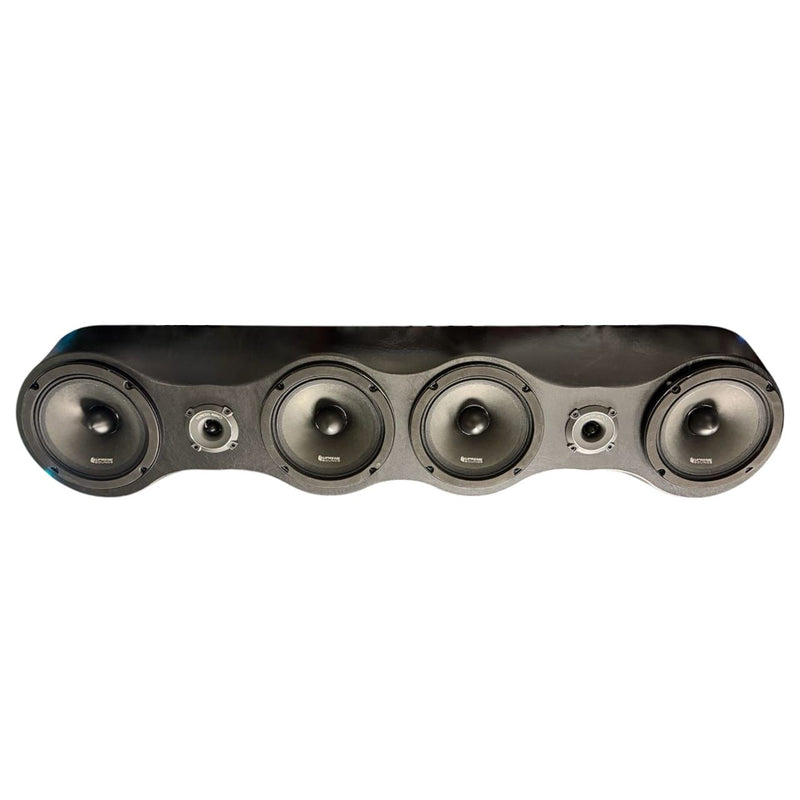 Bar-style car audio speaker array with six circular speaker drivers
