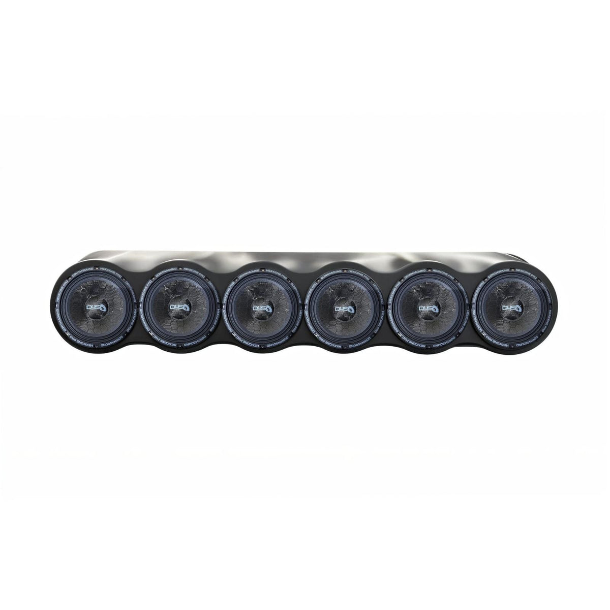 Six 6.5-inch round speaker drivers in black with silver center caps