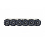 Six 6.5-inch round speaker drivers in black with silver center caps