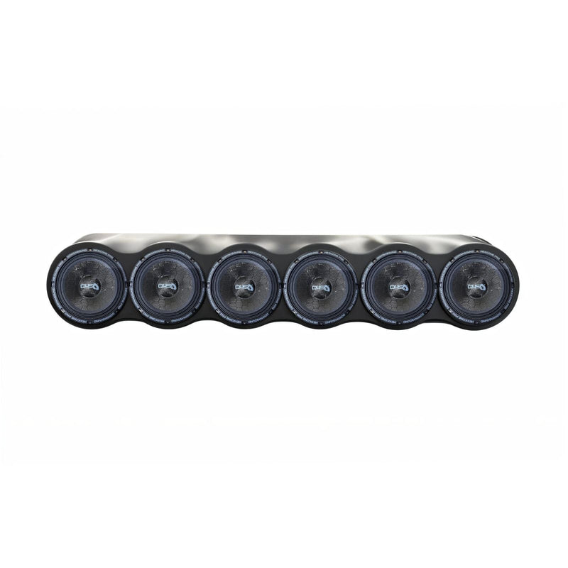 Six 6.5-inch round speaker drivers in black with silver center caps