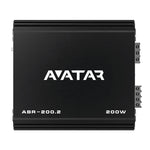 2-channel car amplifier front view: AVATARA logo, ABR-200.2 model, and 200W label