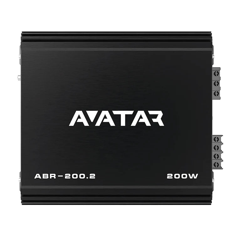 2-channel car amplifier front view: AVATARA logo, ABR-200.2 model, and 200W label