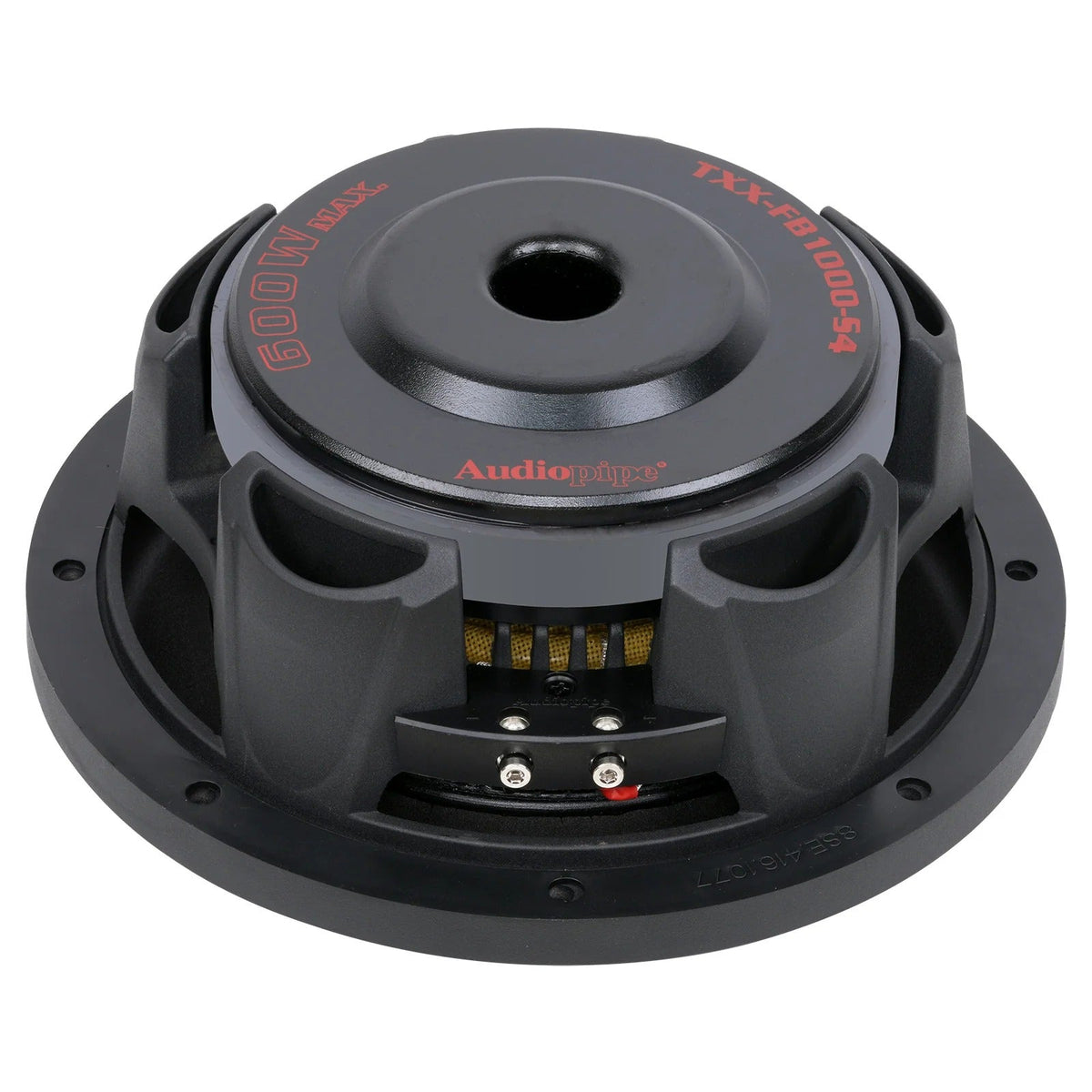 10-inch subwoofer interior view with wiring terminals and black cone surround