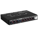 Black wireless graphic equalizer with four tuning knobs and illuminated control caps