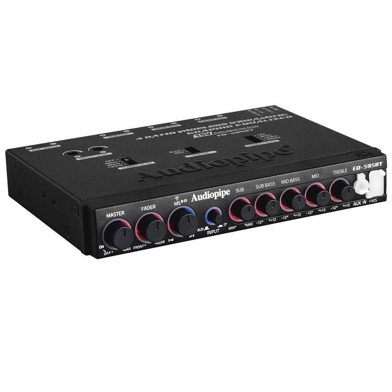 Black wireless graphic equalizer with four tuning knobs and illuminated control caps
