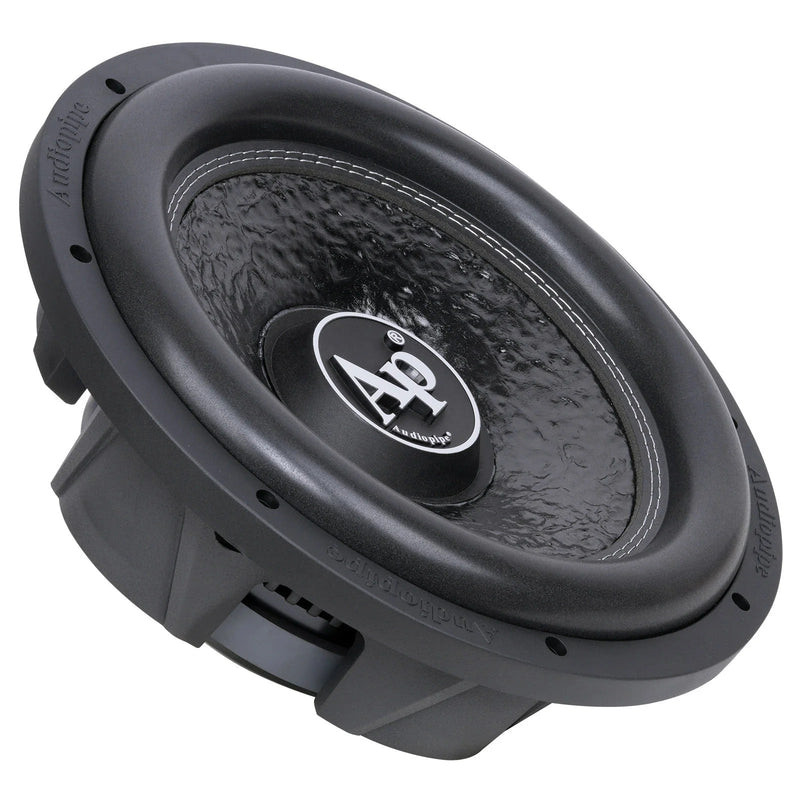 Black 12-inch shallow-mount subwoofer with Ap logo on textured cone