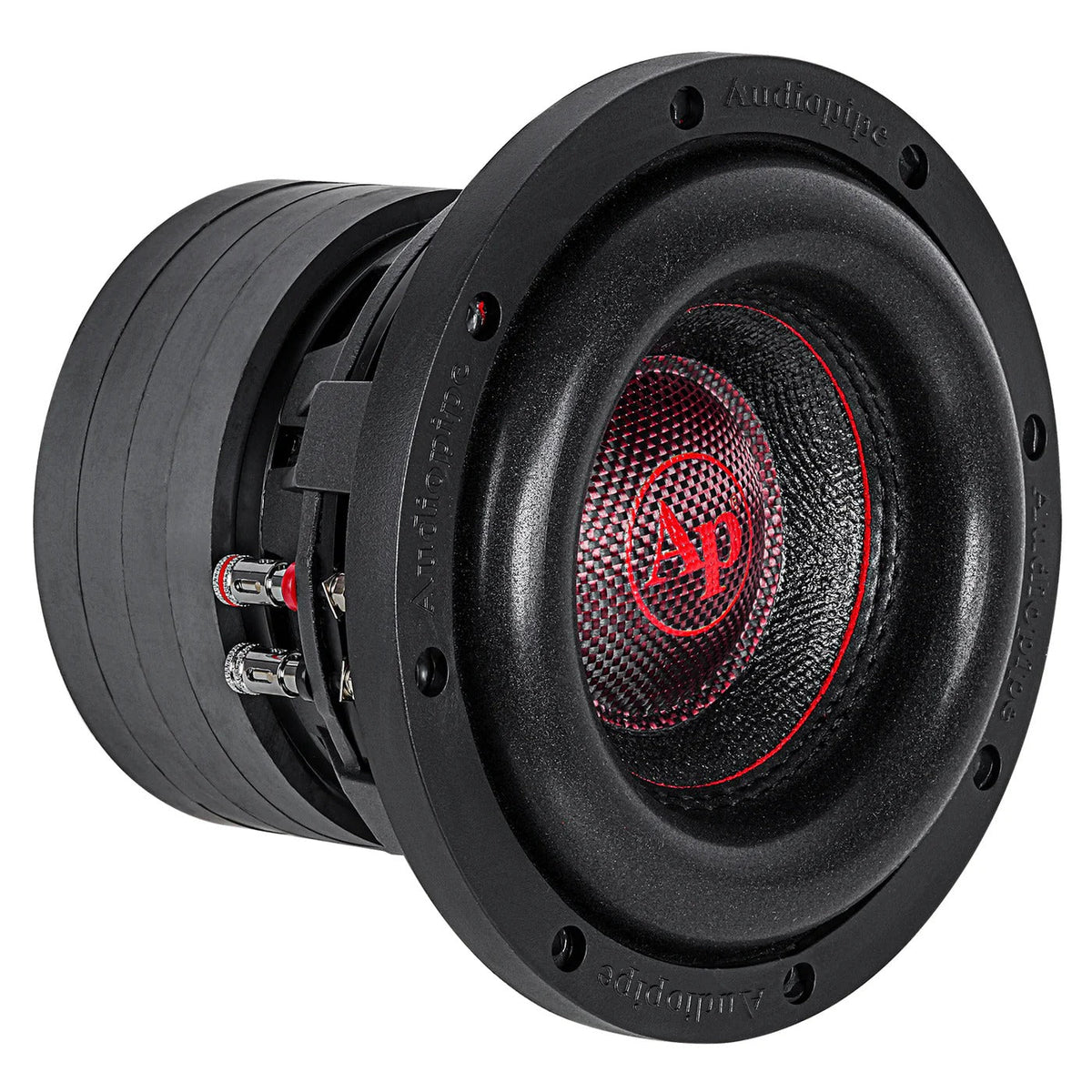 Black 6-inch quad stack subwoofer with red accent ring and Audiopipe logo